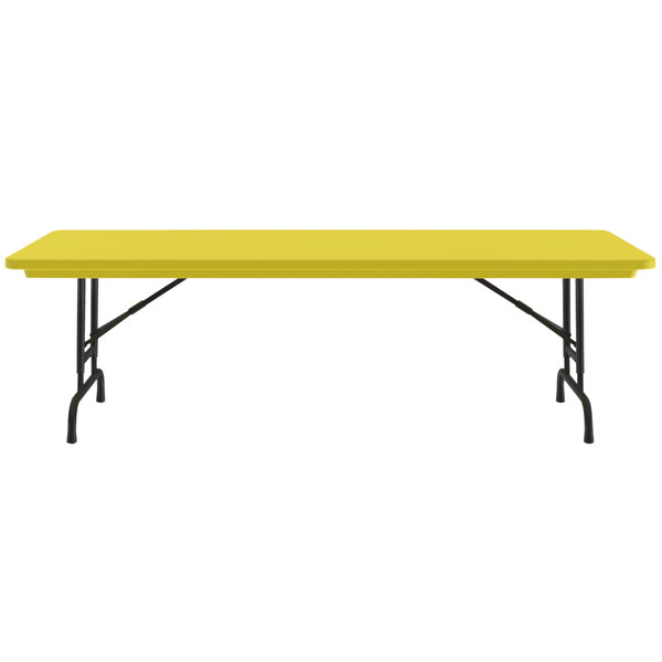 A yellow rectangular Correll folding table with black legs.