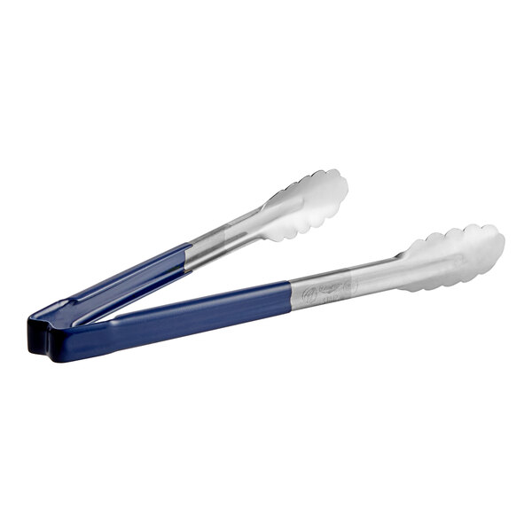 Two Vollrath stainless steel tongs with blue Kool-Touch handles.