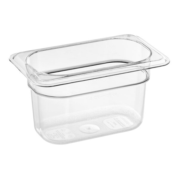 A Carlisle clear rectangular plastic food pan.