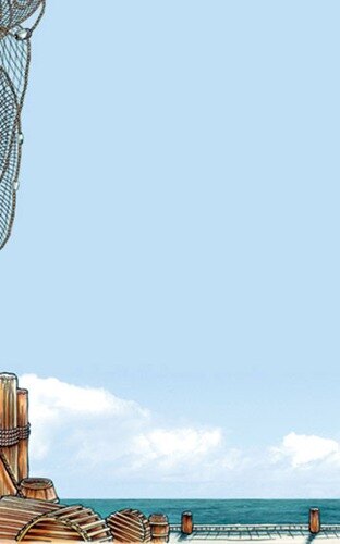 Seafood themed menu paper with a blue rectangle and black line with a drawing of a beach and fishing net.