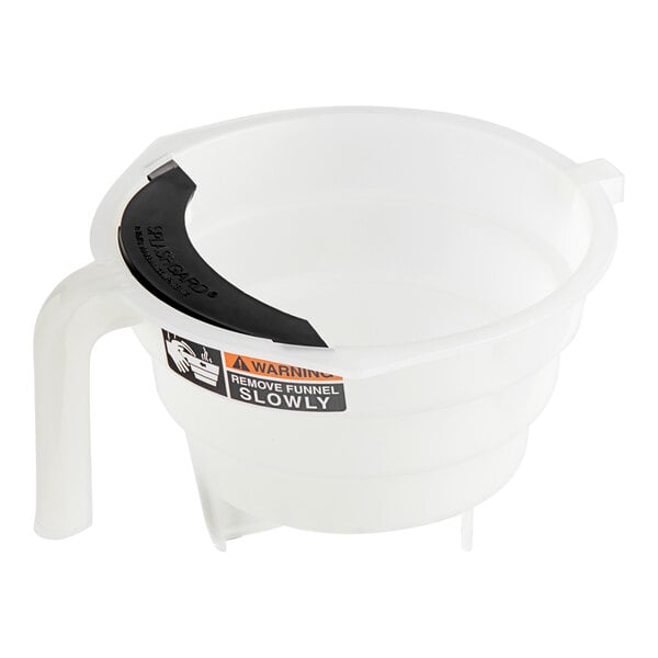 A translucent white funnel with a black handle.