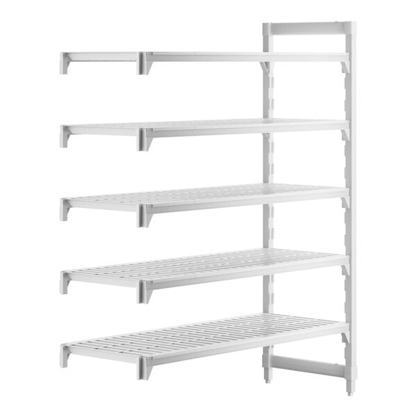 A white plastic Cambro Camshelving® add on unit with 4 shelves.
