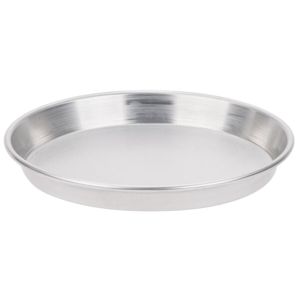 An American Metalcraft aluminum deep dish pizza pan with a white background.