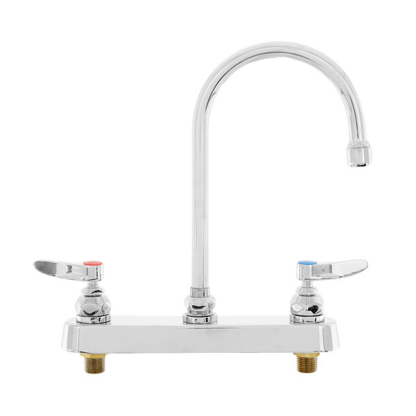 A chrome T&S deck-mounted faucet with two handles and a gooseneck spout.