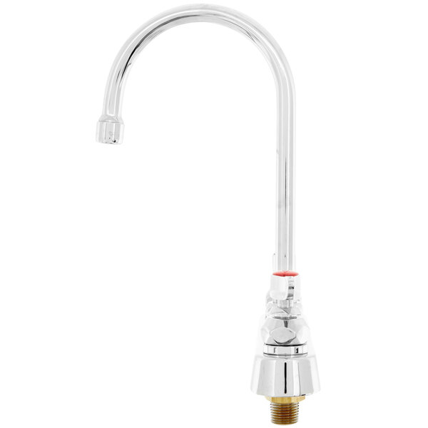 A chrome T&S deck-mounted faucet with a swivel gooseneck spout.