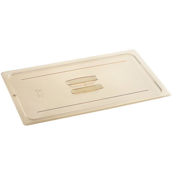 A Cambro amber rectangular plastic lid with a handle.