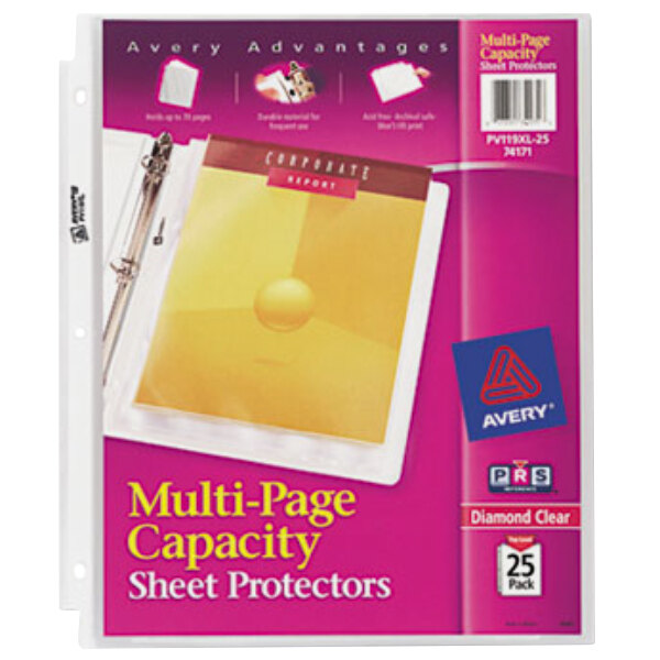 A package of Avery Diamond Clear multi-page capacity sheet protectors with a yellow and black label.