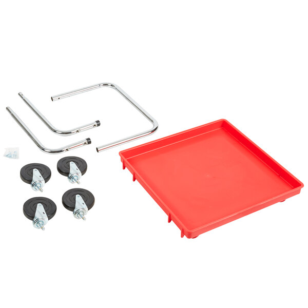 A red Vollrath Traex rack dolly with a metal handle and black wheels.