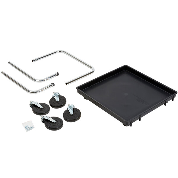 A black plastic tray with metal rods and a silver handle.