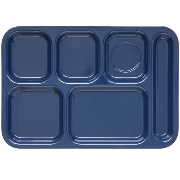 A dark blue rectangular tray with six rectangular compartments.