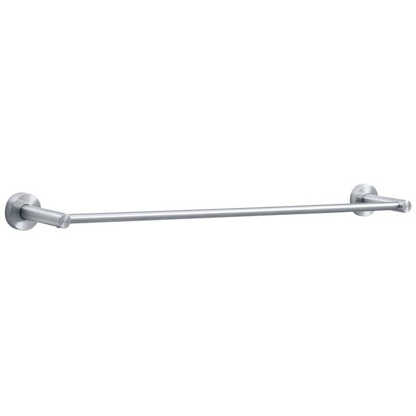 A silver Bobrick surface-mounted towel bar with a white background.