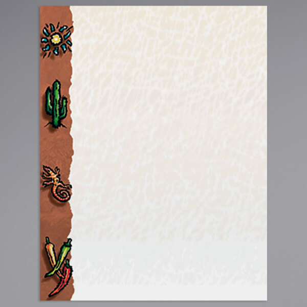 Menu paper with a brown Southwest themed design including a cactus, sombrero, and chili pepper border.
