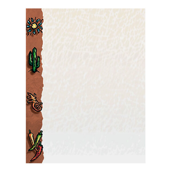 A sheet of menu paper with a southwest desert-themed design featuring colorful illustrations of a sun, cactus, lizard, and chili peppers along the left edge.