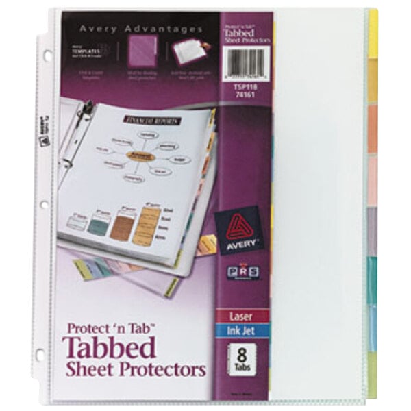 A pack of Avery top-load sheet protectors with white rectangular tabs.