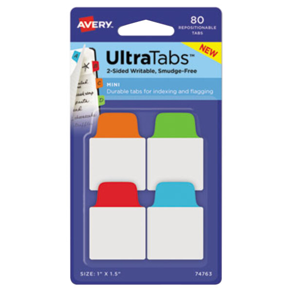 A pack of Avery Ultra Tabs in a blue package with several colorful tabs inside.