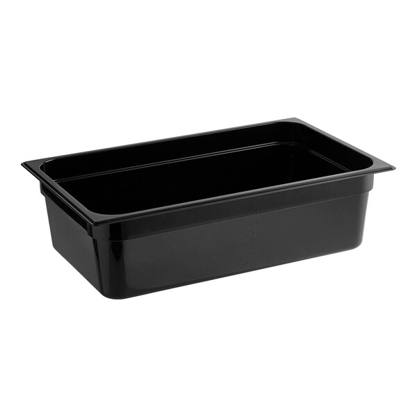 A Carlisle black polycarbonate food pan with a lid.