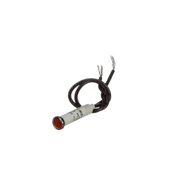A white and black wire with a red end and a white background.