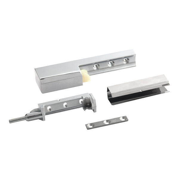 A set of metal lift-off hinge components for a refrigerator.