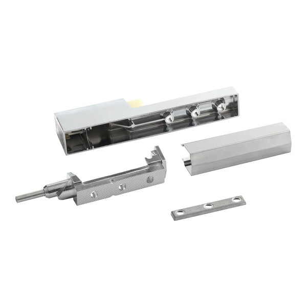 A set of metal lift-off hinge components for a refrigerator.