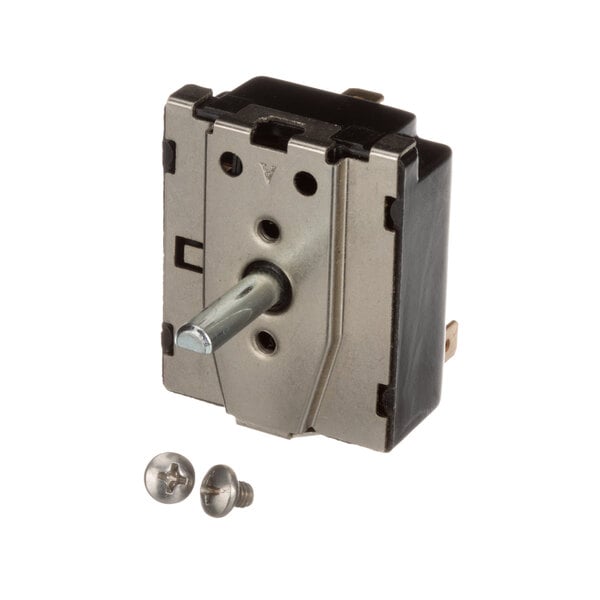 A small black and metal Blodgett convection oven switch with screws.