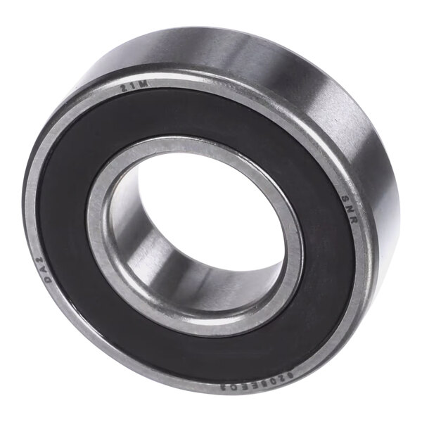 A close-up of a Varimixer stainless steel ball bearing with a black rubber ring.