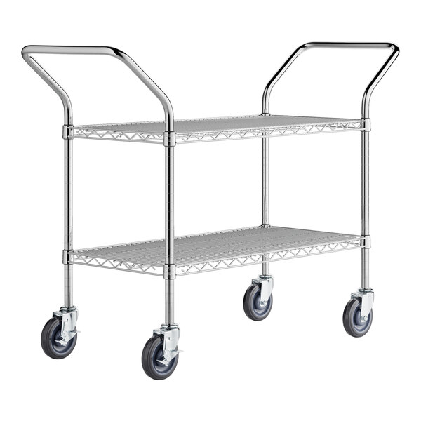 A silver metal Regency utility cart with two shelves and black wheels.