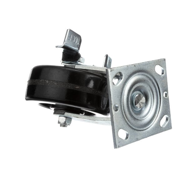 A metal swivel caster with a black rubber wheel and metal corners.