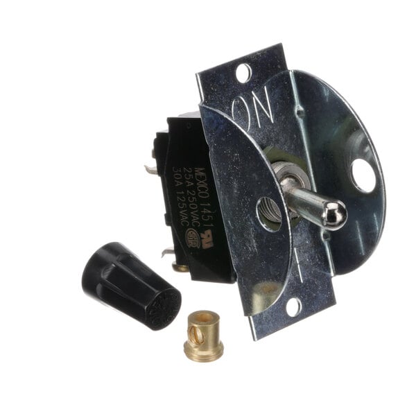 A metal toggle switch with black plastic and brass caps.