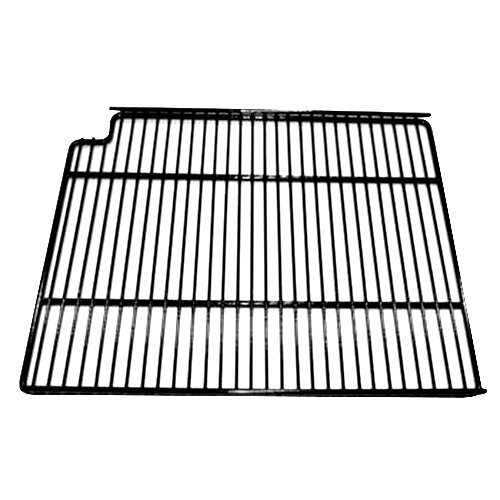 A gray coated wire shelf with a grid on it.