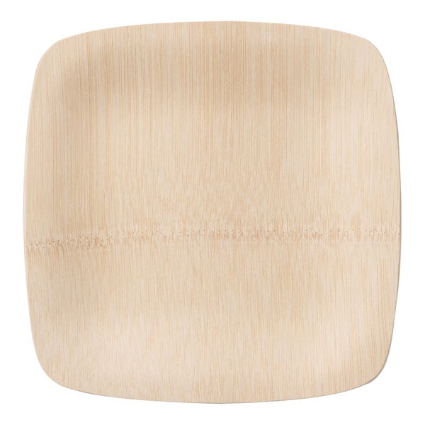 A close up of a Bambu square wooden plate.