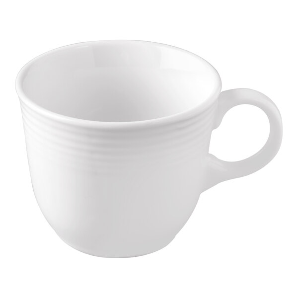 A white porcelain tea cup with a handle.