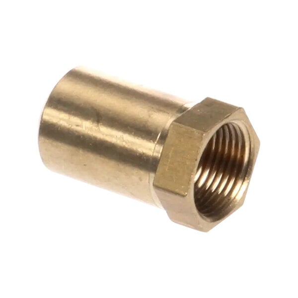 A close-up of a brass threaded nut.