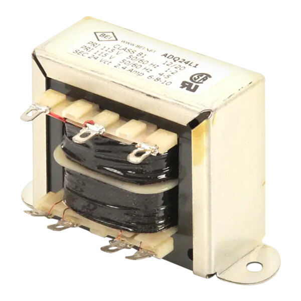 A metal-encased electrical transformer with multiple connection terminals.