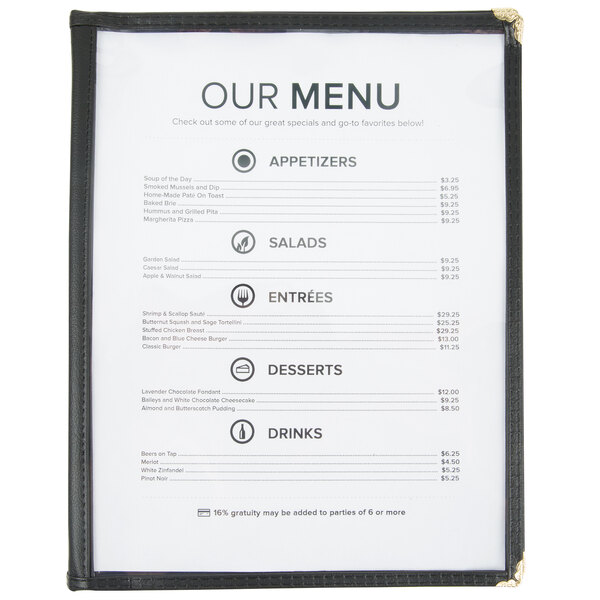 8 1/2" x 11" Six Pocket Clear Menu Cover Black