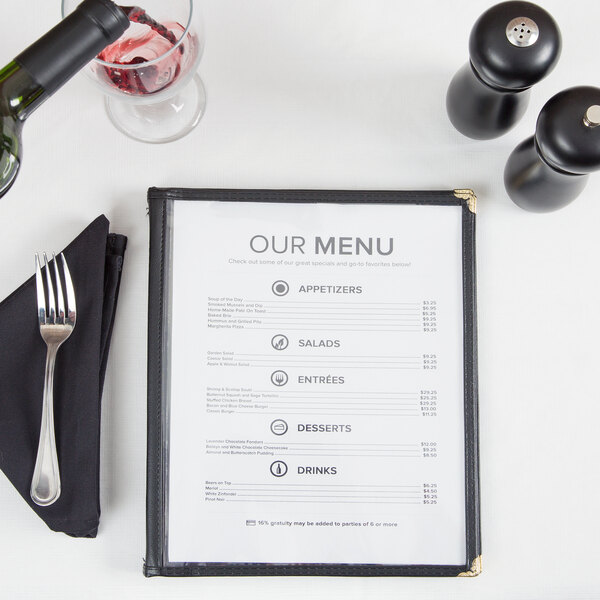 8 1/2" x 11" Six Pocket Clear Menu Cover Black