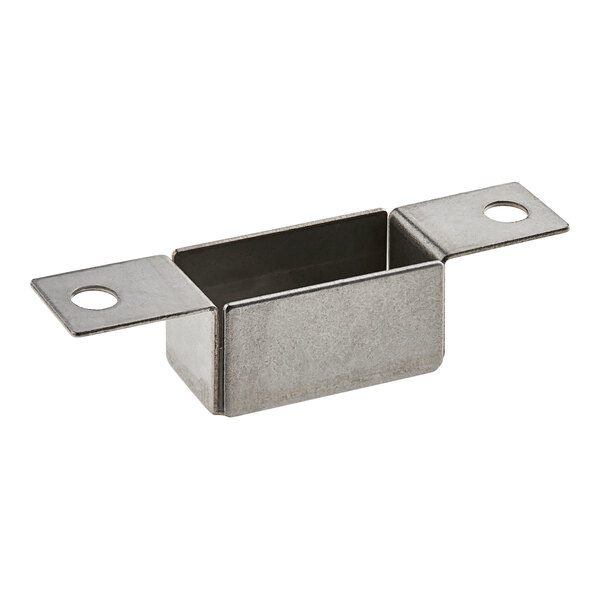 A stainless steel metal box with two holes.