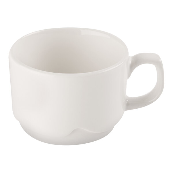 A plain white porcelain cup with a handle, featuring a slightly rounded base and smooth surface.