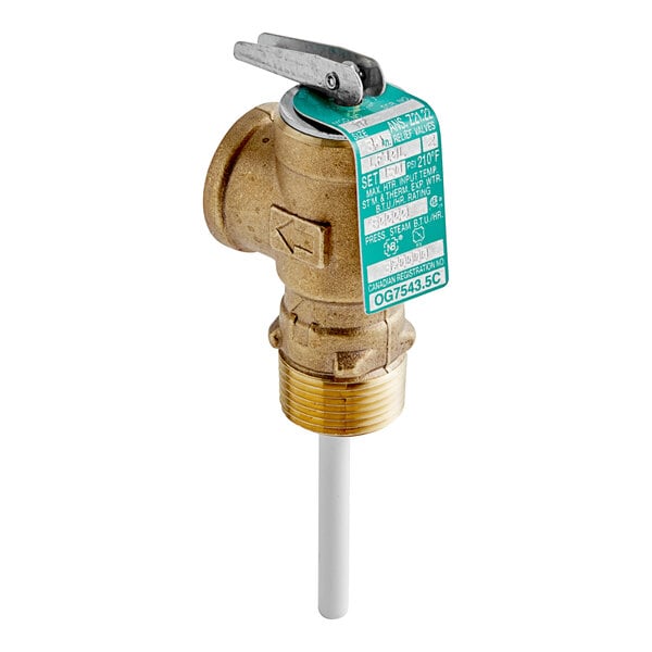 A close-up of a Hatco brass TEMP & PRESSURE RELIEF VALVE with a green handle.
