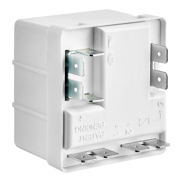 A white square electrical device with metal connectors and two outlets.