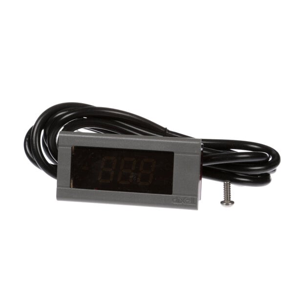 A close-up of a True Refrigeration digital thermometer with a cord.