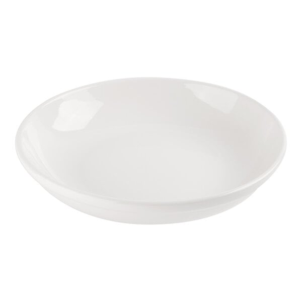 A plain, round, white shallow bowl with smooth edges.