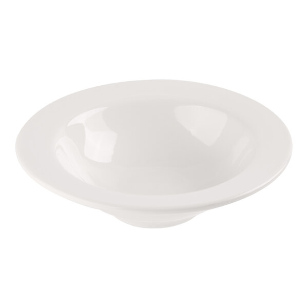 A white, shallow porcelain bowl with a wide rim and a glossy finish.