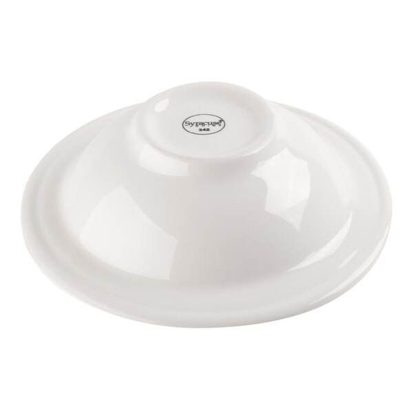 A white, round porcelain bowl shown upside down with a small circular base and a smooth, glossy finish.