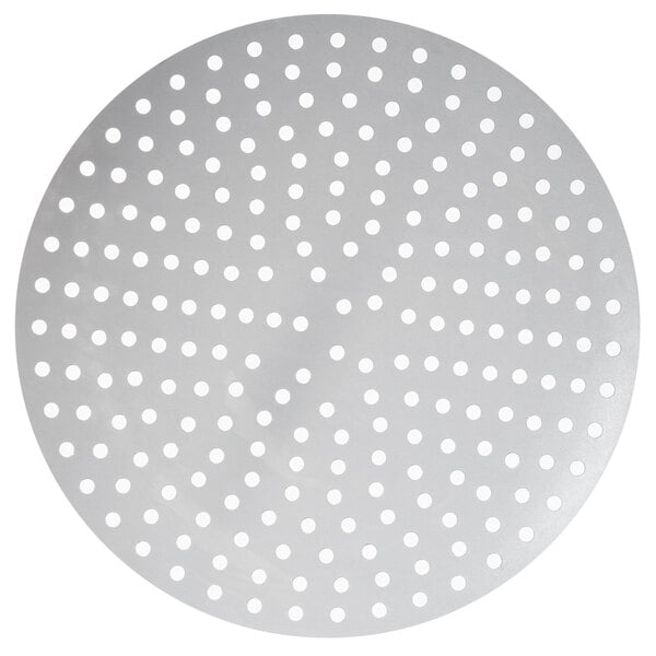 An American Metalcraft 14" perforated pizza disk, a circular metal surface with holes.