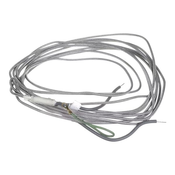 A long, flexible door frame heater cable with a braided outer covering and exposed wire ends.