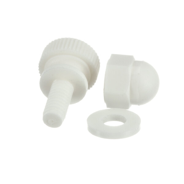 A close-up of a True Refrigeration white plastic screw and nut