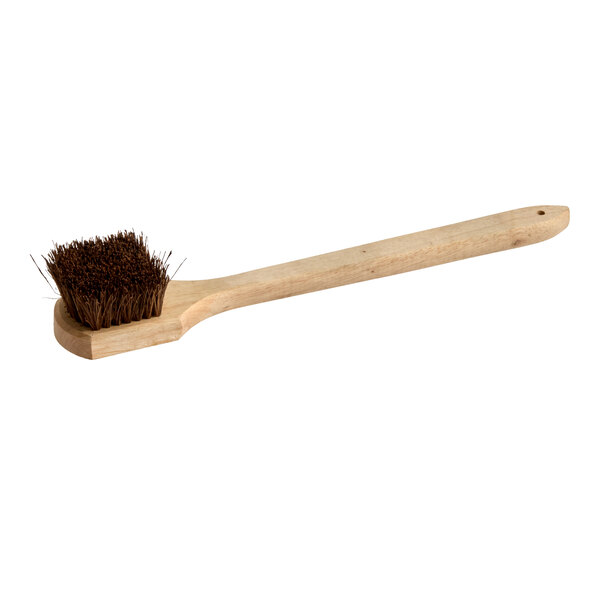 A wooden-handled brush with stiff, brown bristles arranged in a rectangular shape at one end.
