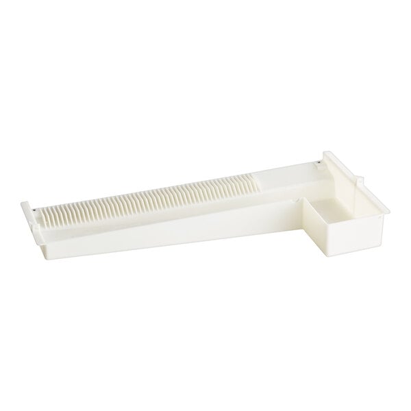 A white rectangular Ice-O-Matic trough with a long handle.