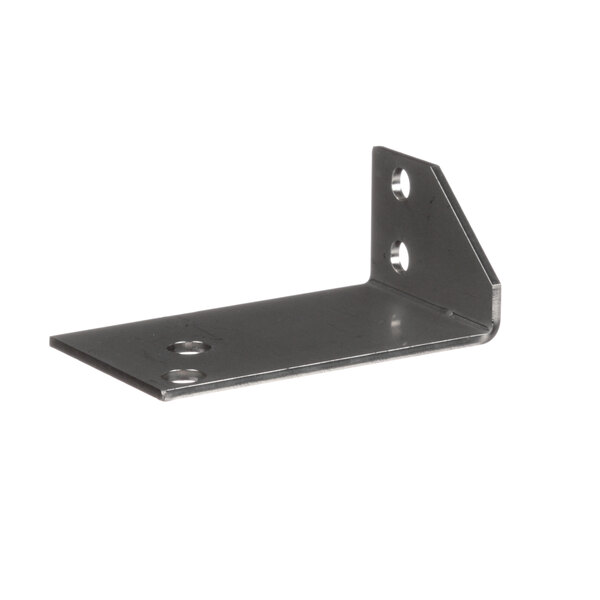 A metal bracket with a hole in the middle.