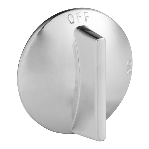 A chrome knob for a US Range top burner valve with the word "off" on it.